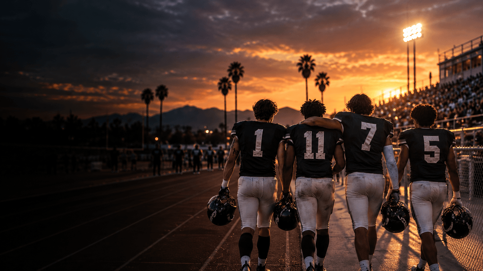 Five football players walking from behind at dusk, arms around each other, stadium lights and palm trees silhouetted against a sunset sky